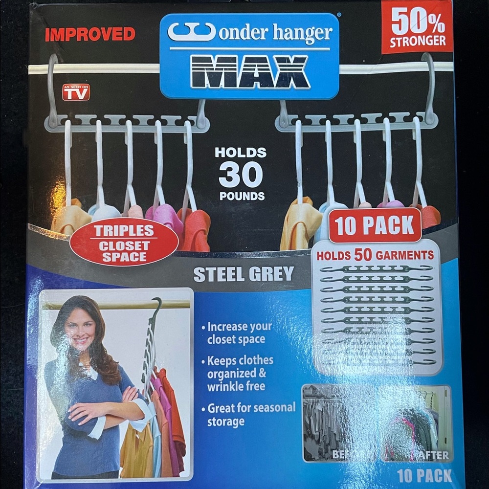 2 boxes of Wonder Hanger Max. Holds 30 pounds, 10 pack, 50 garments each.
